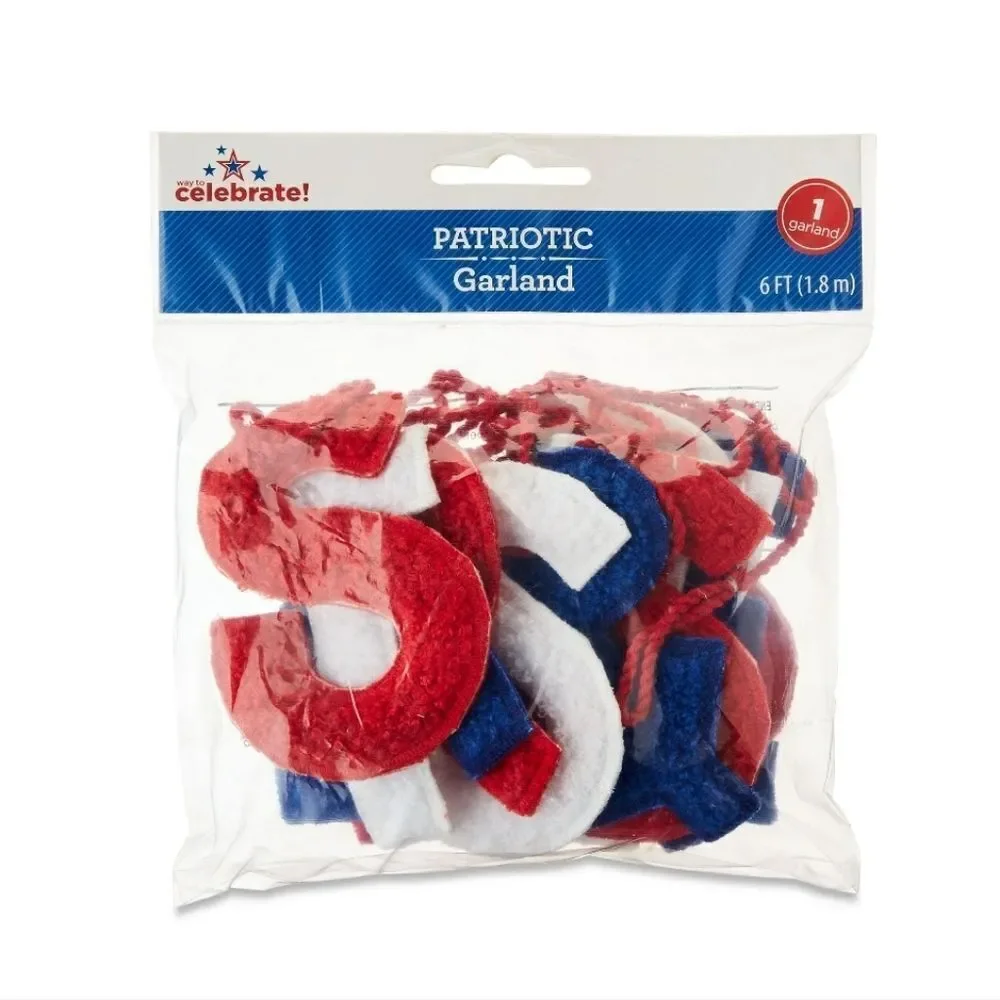 4th of July, Patriotic Stars & Stripes Fabric Garland, Red/White/Blue, 6'